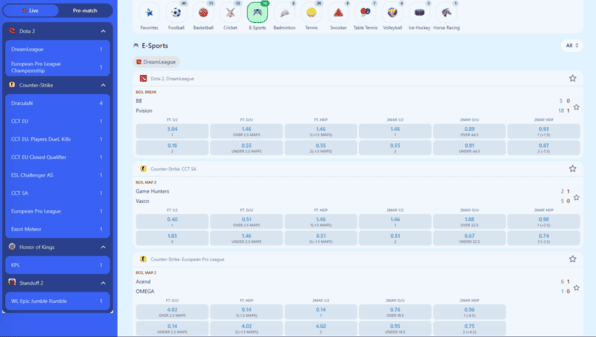 Dash King 88 esports betting page with match list, map markets and odds grid layout