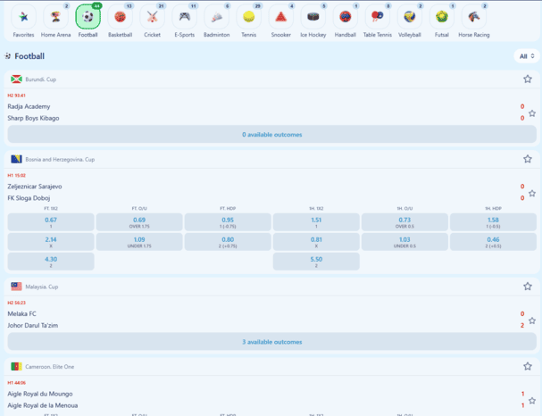 Football betting markets on Dash King 88 with odds rows, total and handicap options and match tabs