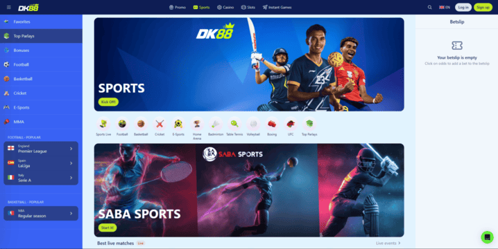 Dashking88 sportsbook page with an event list, market columns and a bet slip area to the side